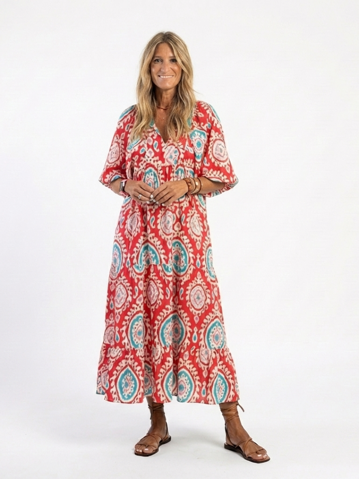 Zaria | Paisley Print V-Neck Short Sleeve Midi Dress