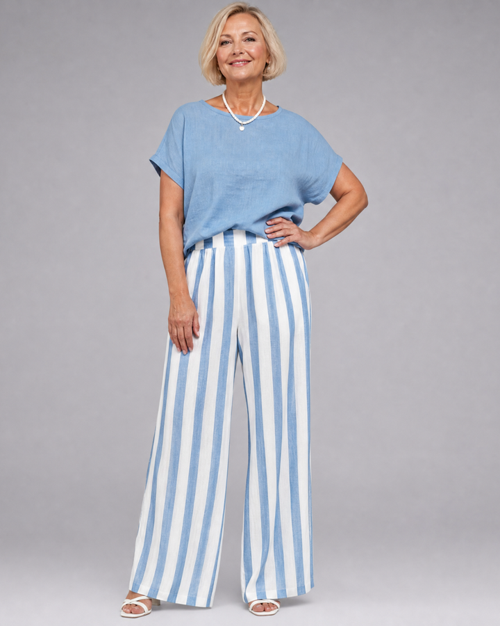 Miolna | Linen Blend Top And Striped Wide Leg Pants Set