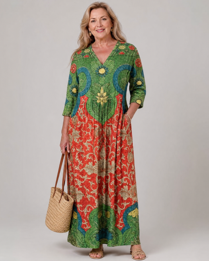 Zeloria | Abstract Vintage Print Relaxed Three Quarter Sleeve Midi Dress