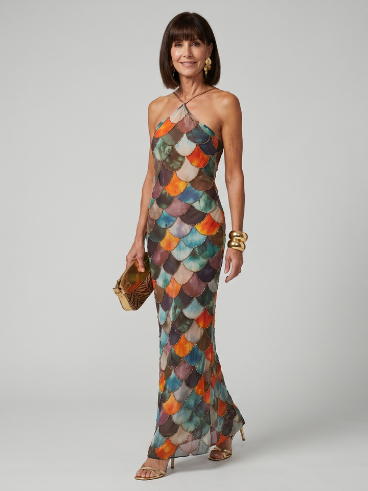 Larkin | Fitted Multicolour Scale Pattern Maxi Dress