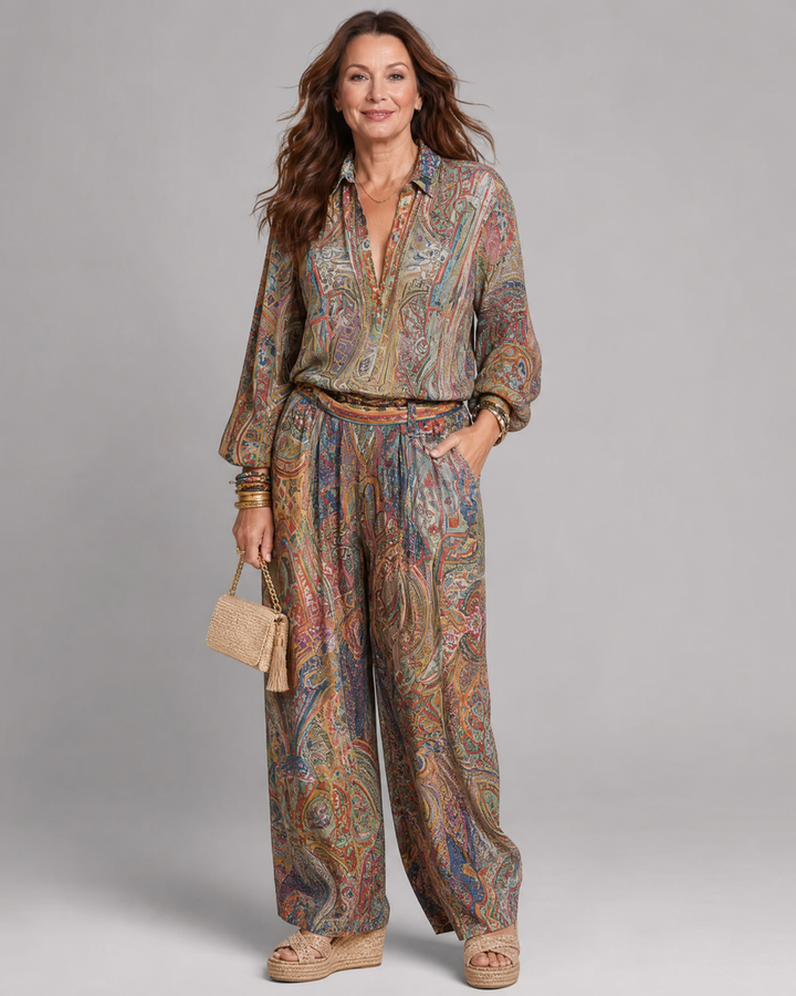 Virezza | Ornate Paisley Print Blouse And Wide Leg Pants Set