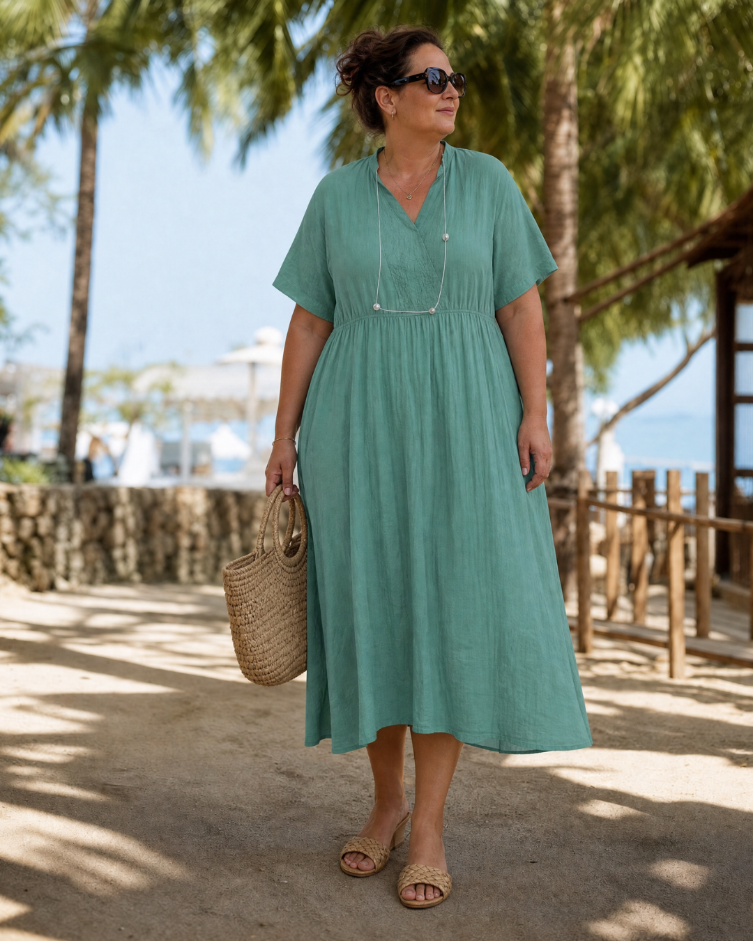 Eupherene | Textured V-Neck Relaxed Short Sleeve Midi Dress