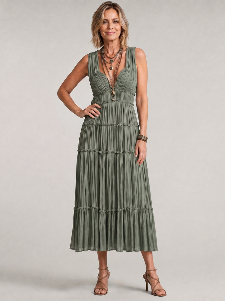Somala | Pleated Sleeveless Tiered V-Neck Midi Dress