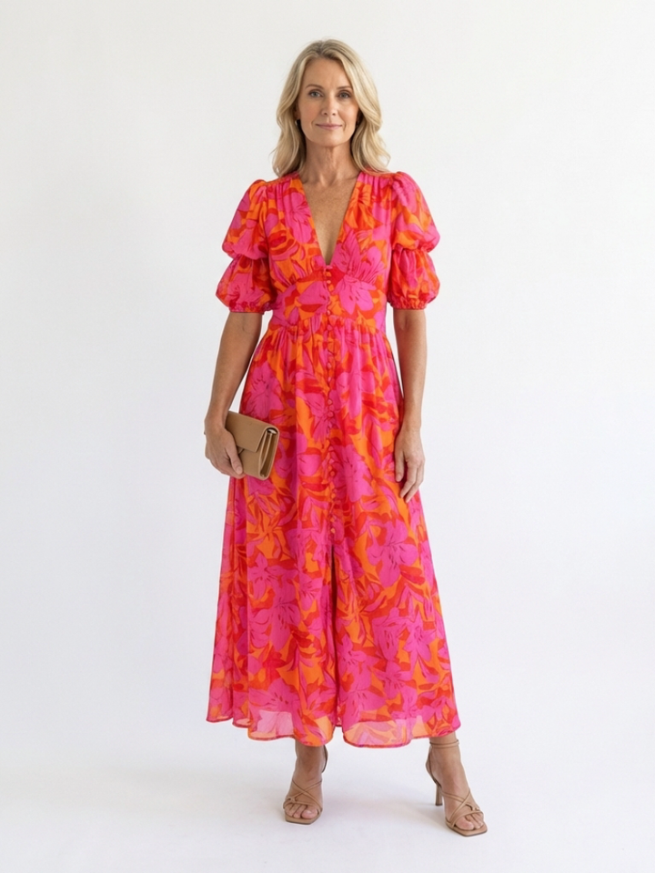 Willow | Floral V-Neck Puff Sleeve Midi Dress