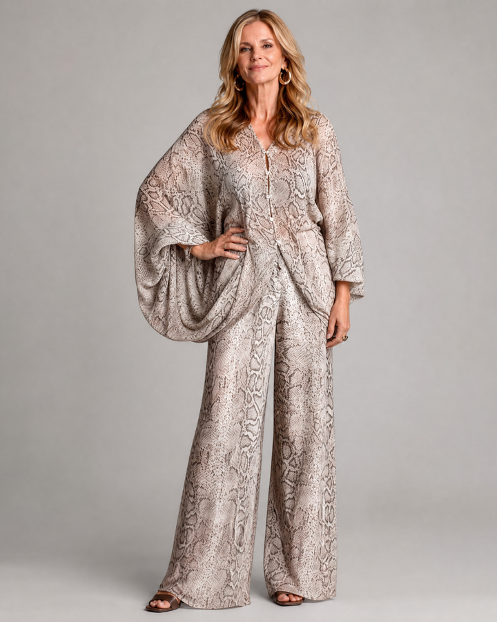 Esmoria | Snake Print Draped Blouse And Wide Leg Pants Set