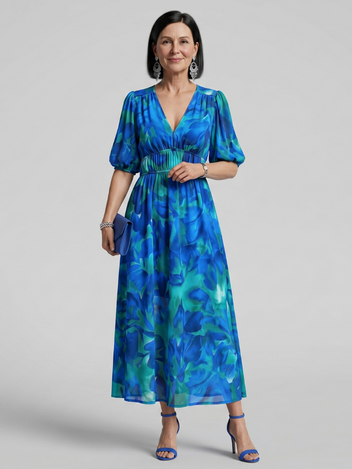 Candlia | Puff Sleeve V-Neck Abstract Print Midi Dress