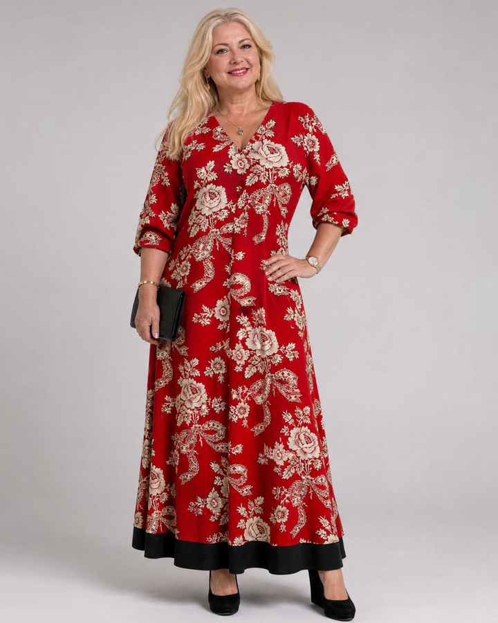 Thopal | Vintage Floral V-Neck Relaxed Midi Dress