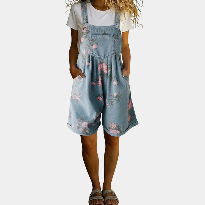 Judy | Vintage Washed Soft Cotton Feel Denim Floral Jumpsuit