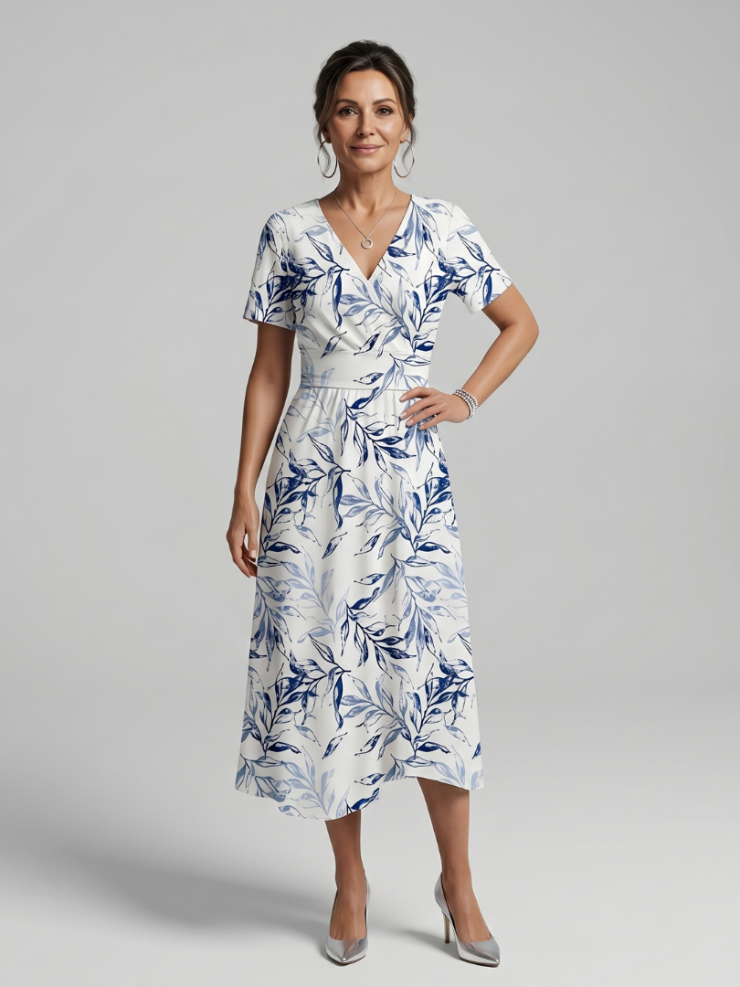 Kael | V-Neck Soft Botanical Print Midi Dress