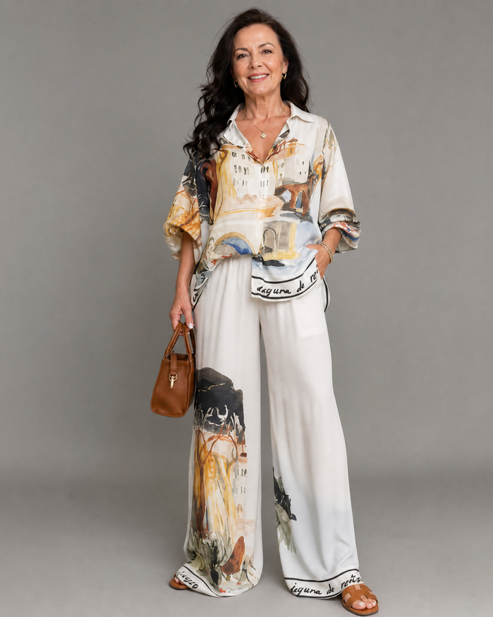 Calyra | Artistic Print Blouse And Wide Leg Pants Set