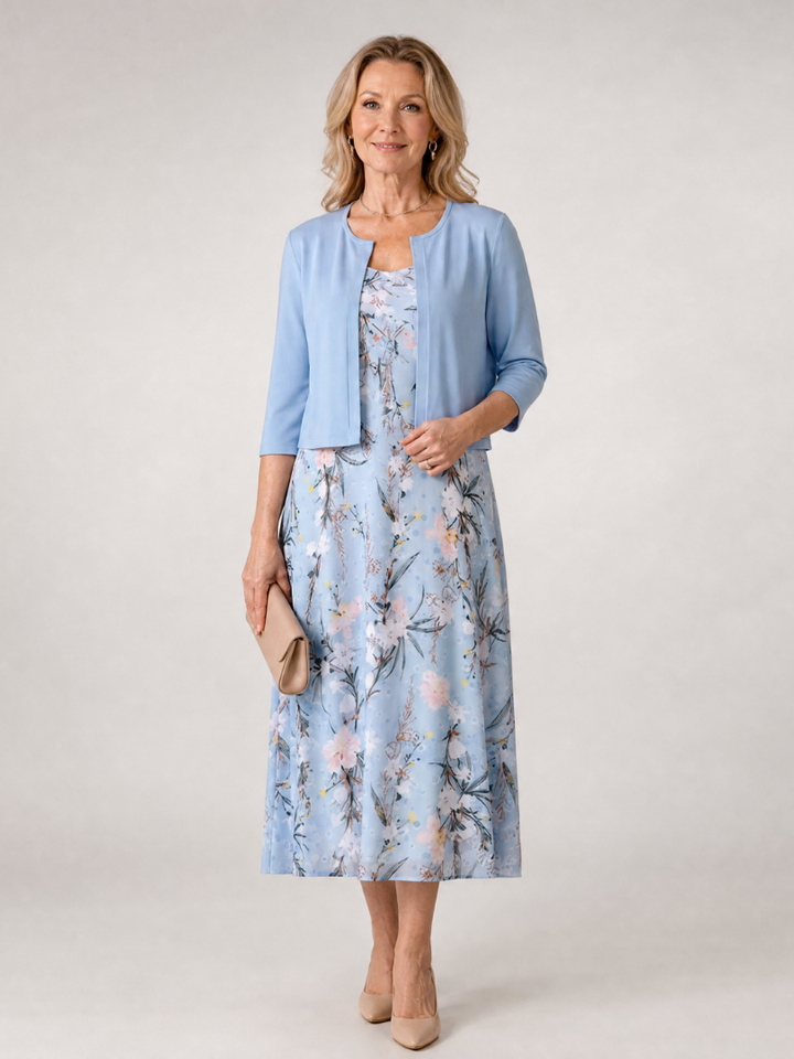 Celeste | Floral Print Sleeveless Cropped Jacket Midi Dress