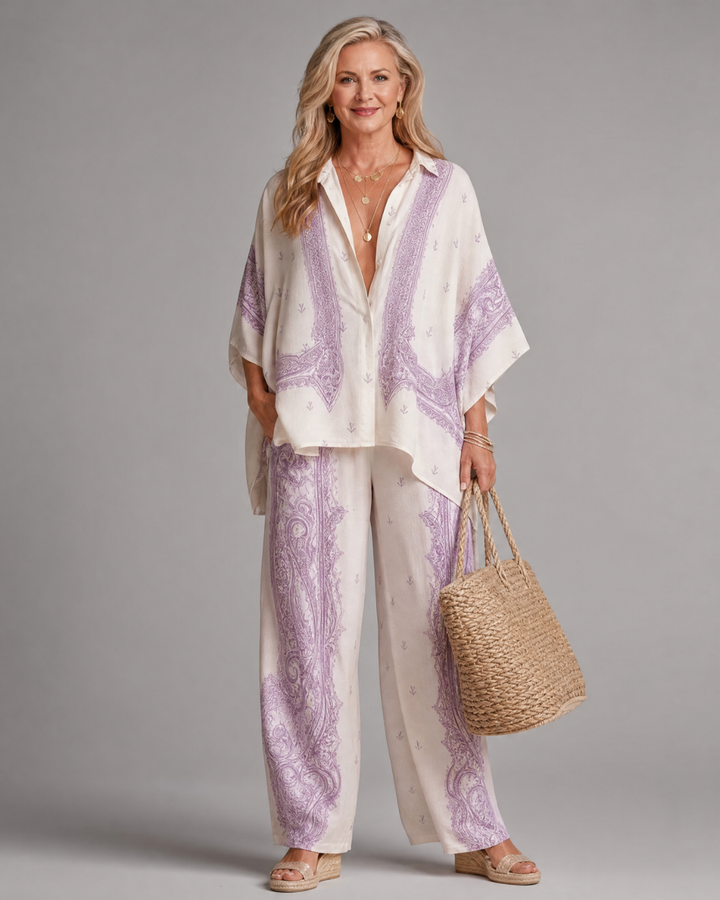 Sodaya | Soft Print Oversized Shirt And Wide Leg Pants Set