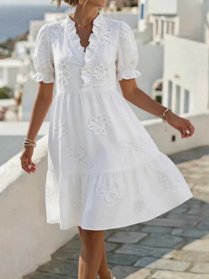 Melina | Embroidered Ruffle V-Neck Midi Dress