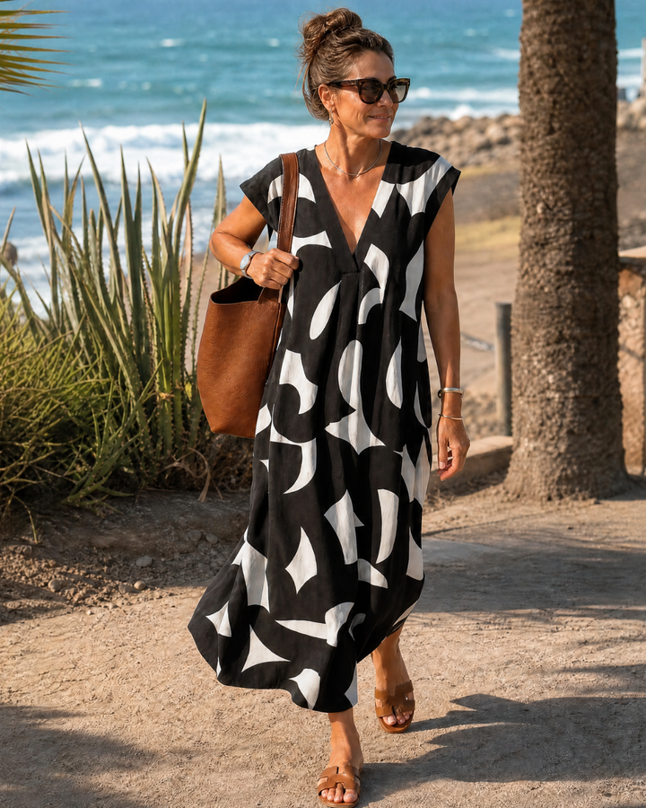 Verain | Abstract Print V-Neck Flowing Midi Dress