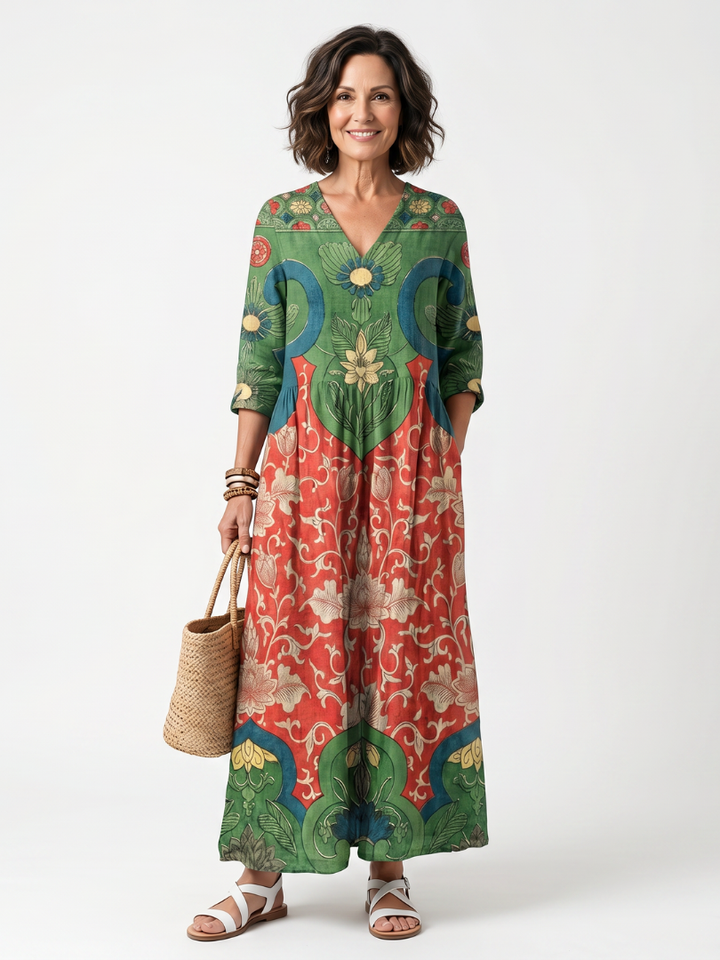Sloane | Mixed Print V-Neck Pocket Midi Dress