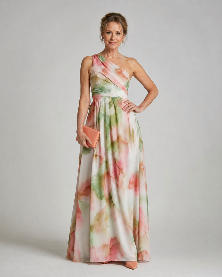 Olene | Watercolor One Shoulder Flowing Maxi Dress
