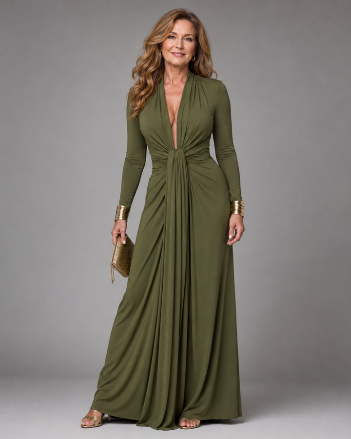 Vimmer | Draped Deep V-Neck Long Sleeve Maxi Dress