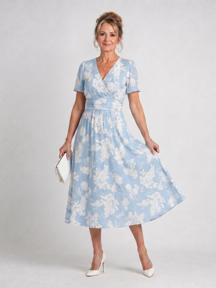 Marion | Floral Print Short Sleeve V-Neck Midi Dress