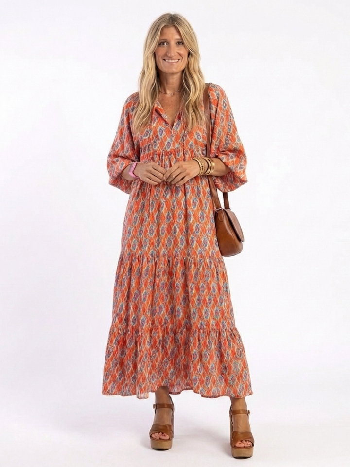 Amara | Geometric Print V-Neck Tiered Midi Dress