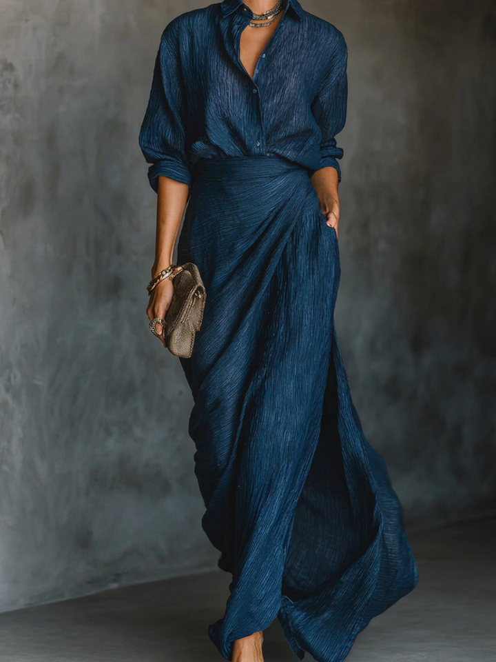 Long Sleeve Shirt Set with Collar and Elegant Solid Colour Maxi Pleated Skirt