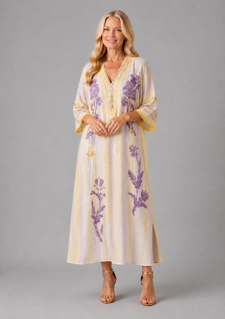 Aurelia | V-Neck Half Sleeve Striped Floral Maxi Dress