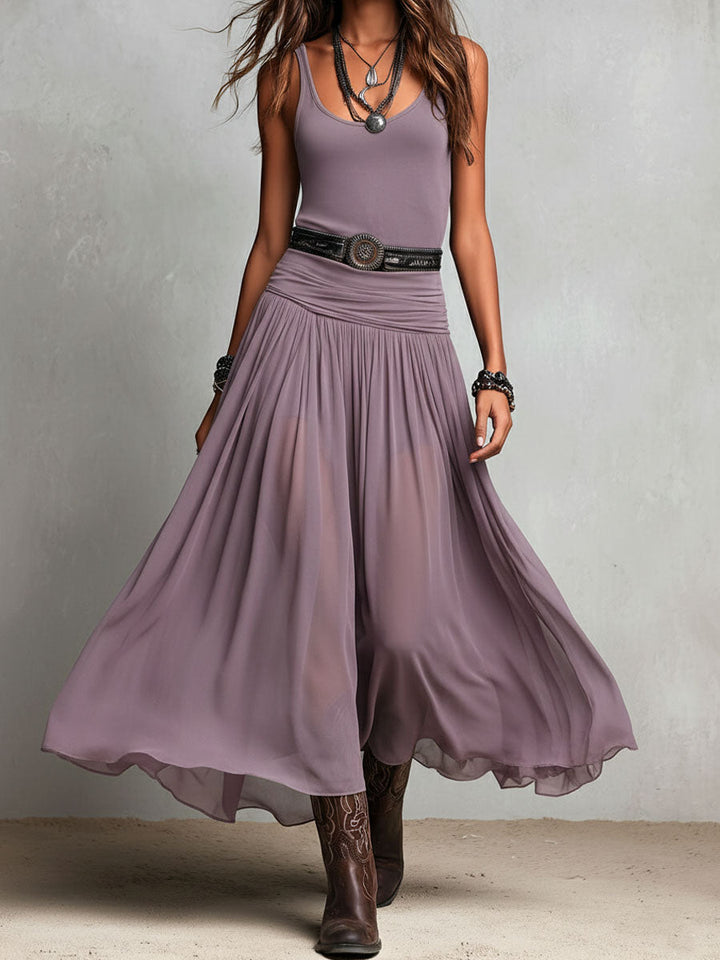 Black Boho Western Stretchy Maxi Dress with Sheer Skirt