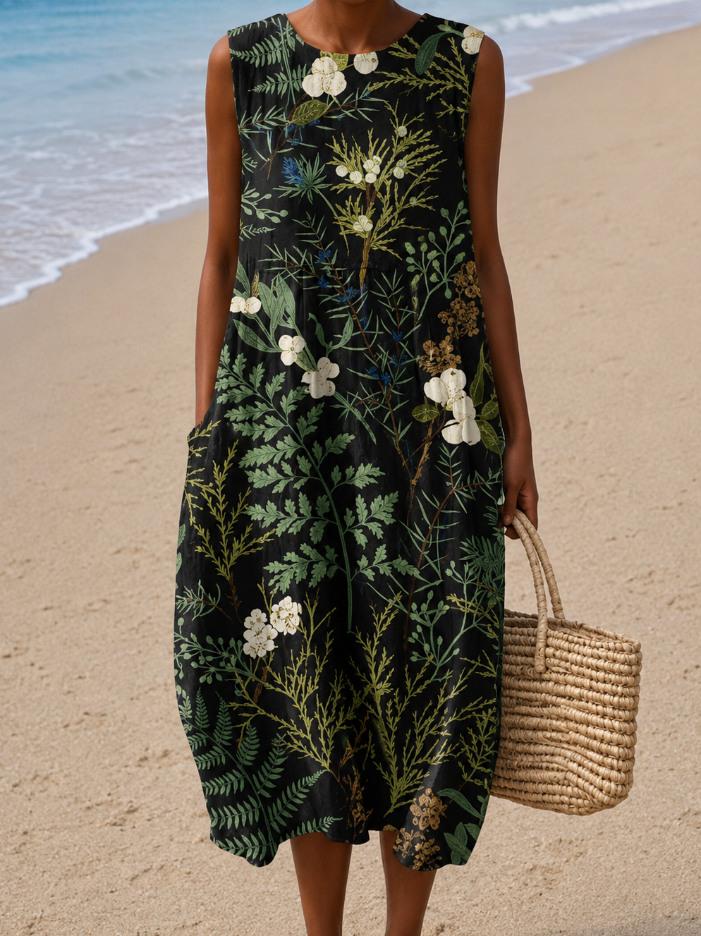 Naomi | Sleeveless Printed Beach Midi Dress Loose