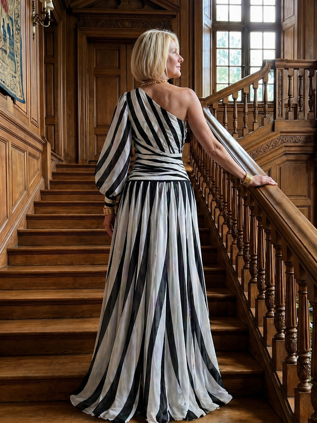 Pearl | Elegant Striped Maxi Dress with One Shoulder