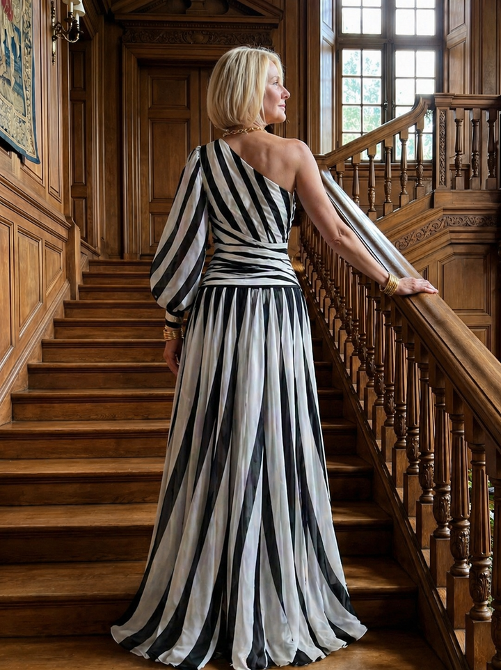 Pearl | Elegant Striped Maxi Dress with One Shoulder