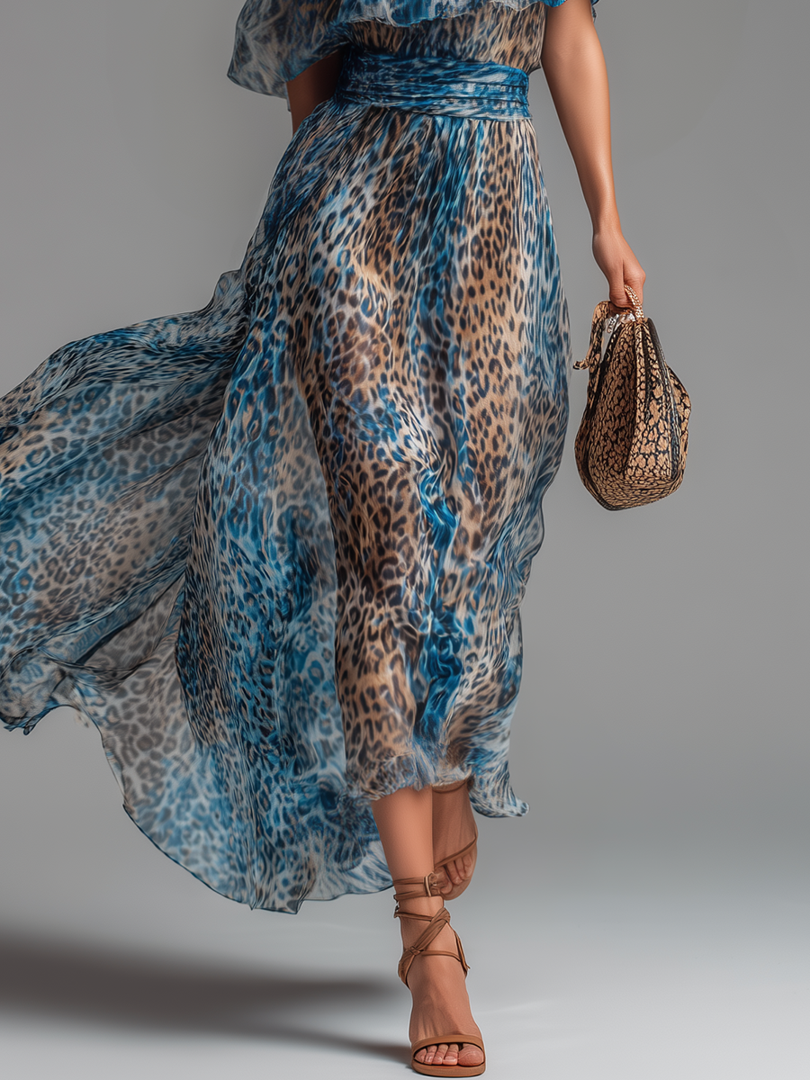 Selena | Leopard Print Chiffon Off-Shoulder Maxi Dress
