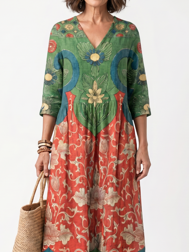 Sloane | Mixed Print V-Neck Pocket Midi Dress