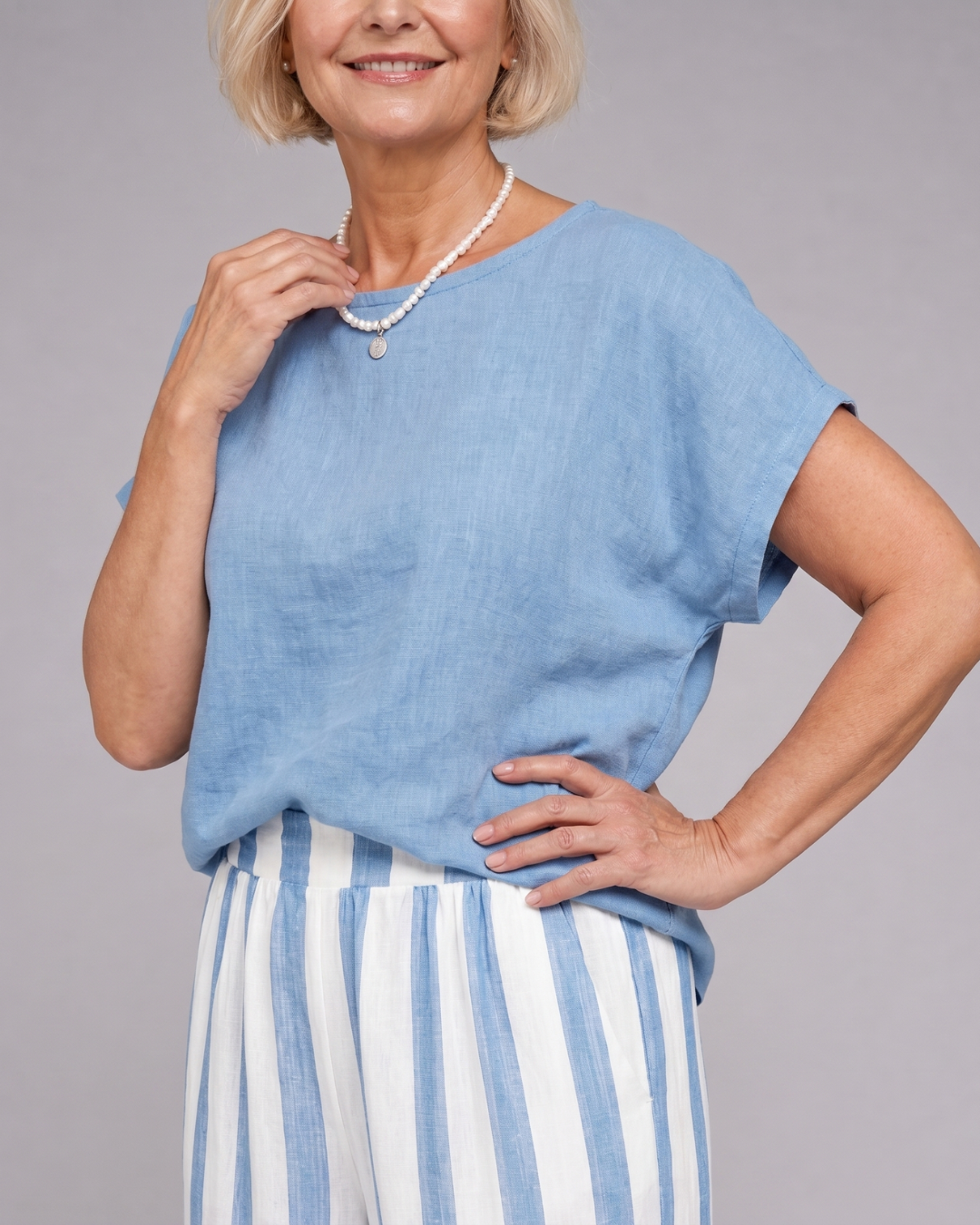 Miolna | Linen Blend Top And Striped Wide Leg Pants Set