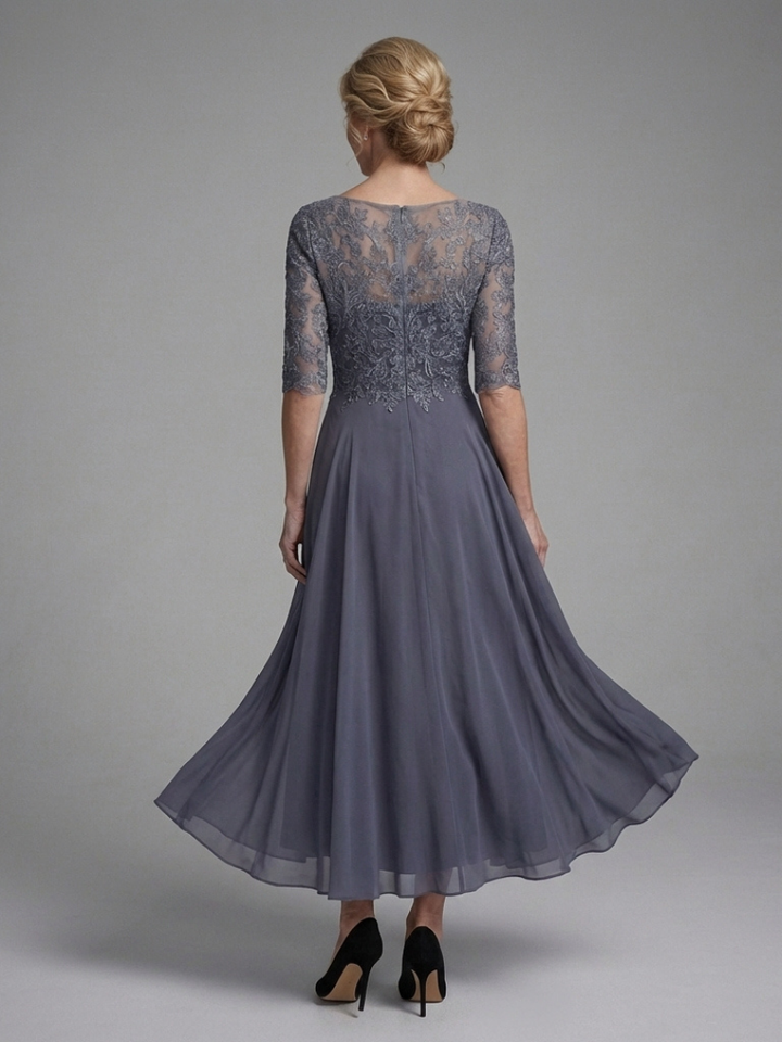 Olivine | Lace Bodice Sheer Sleeve Midi Dress