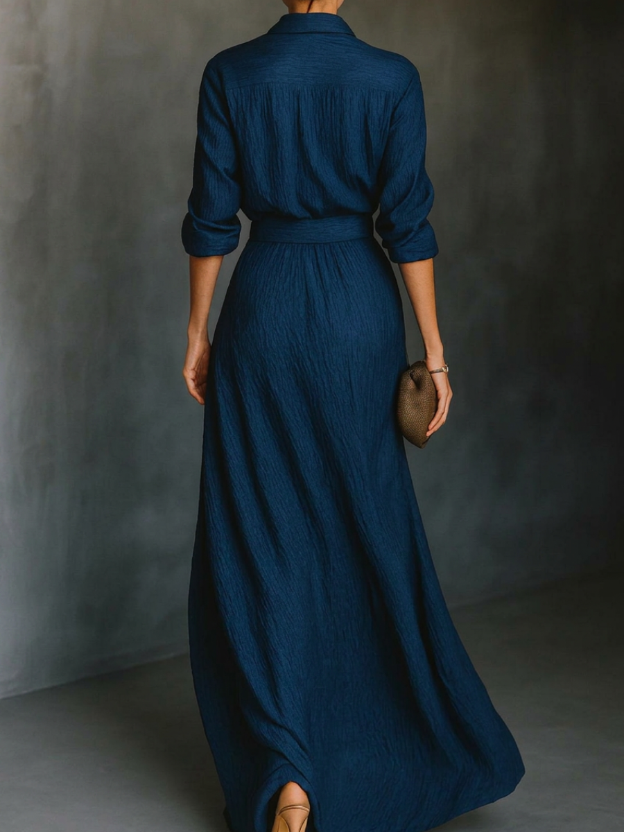 Long Sleeve Shirt Set with Collar and Elegant Solid Colour Maxi Pleated Skirt
