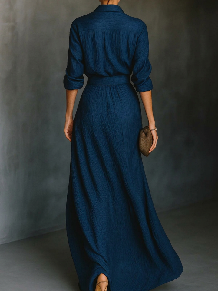 Long Sleeve Shirt Set with Collar and Elegant Solid Colour Maxi Pleated Skirt