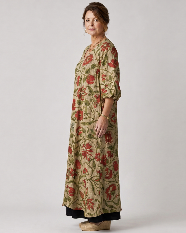 Rimla | Botanical Print Relaxed Three Quarter Sleeve Midi Dress
