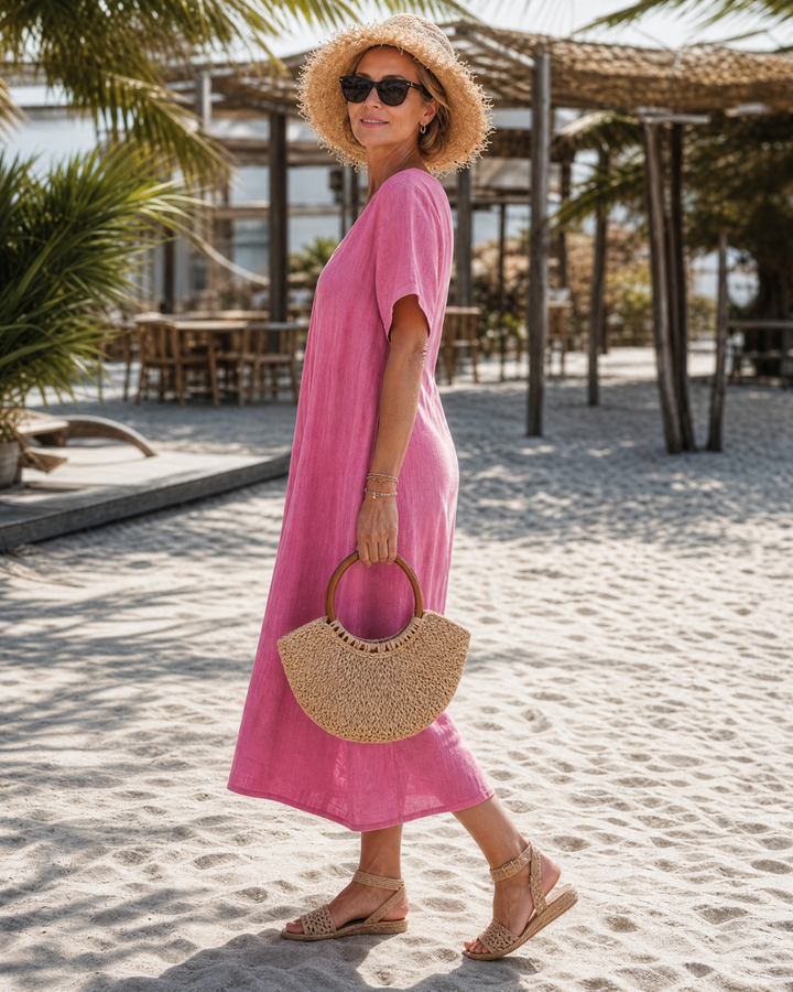 Thamal | Washed Cotton Blend V-Neck Relaxed Midi Dress