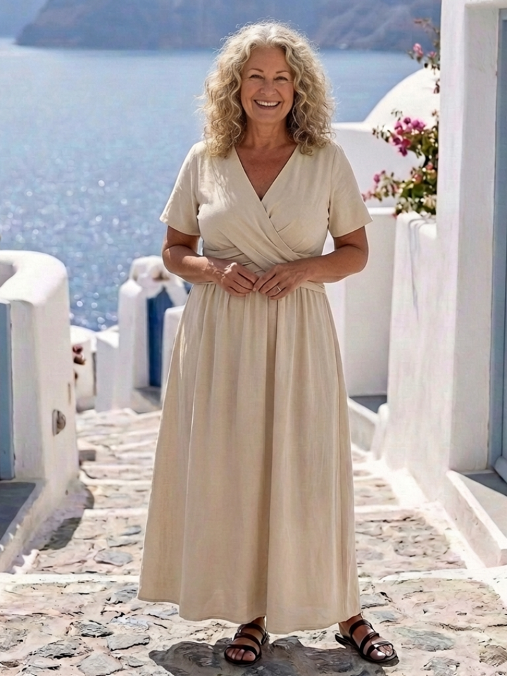 Alvara | V-Neck Short Sleeve Wrap Waist Midi Dress