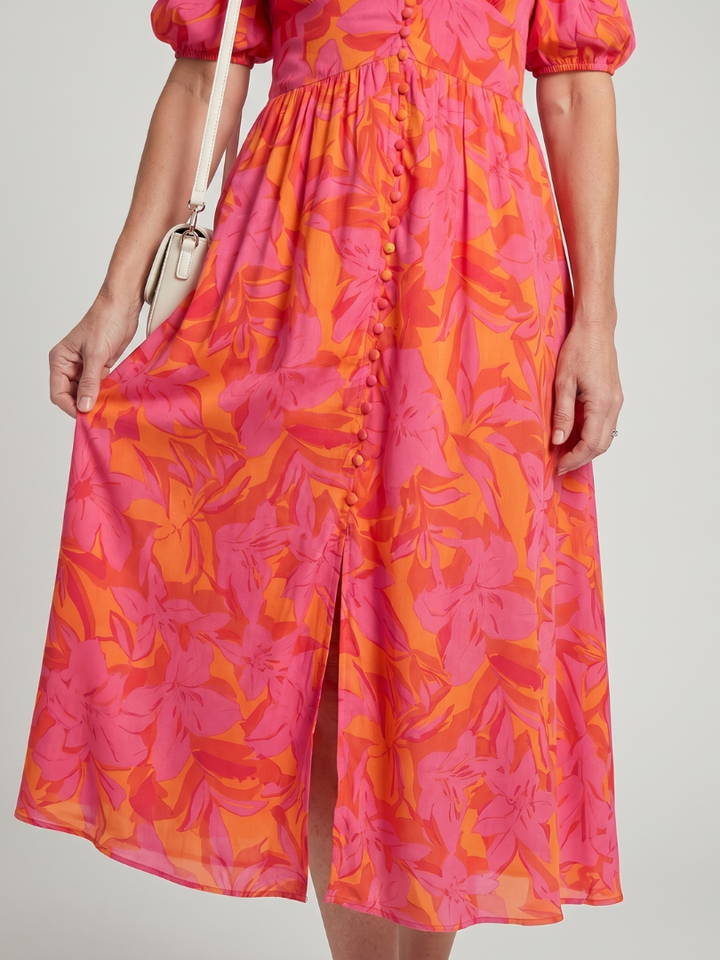 Zarelle | Puff Sleeve V-Neck Bold Floral Print Midi Dress