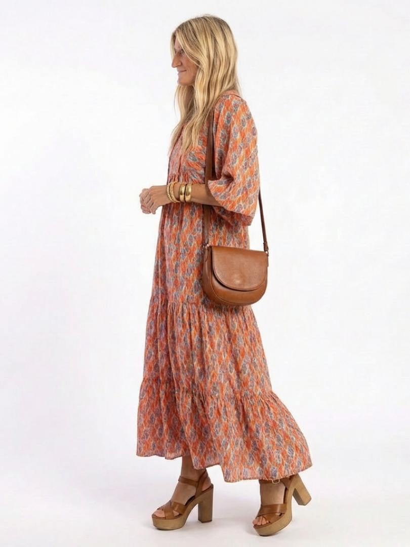 Amara | Geometric Print V-Neck Tiered Midi Dress