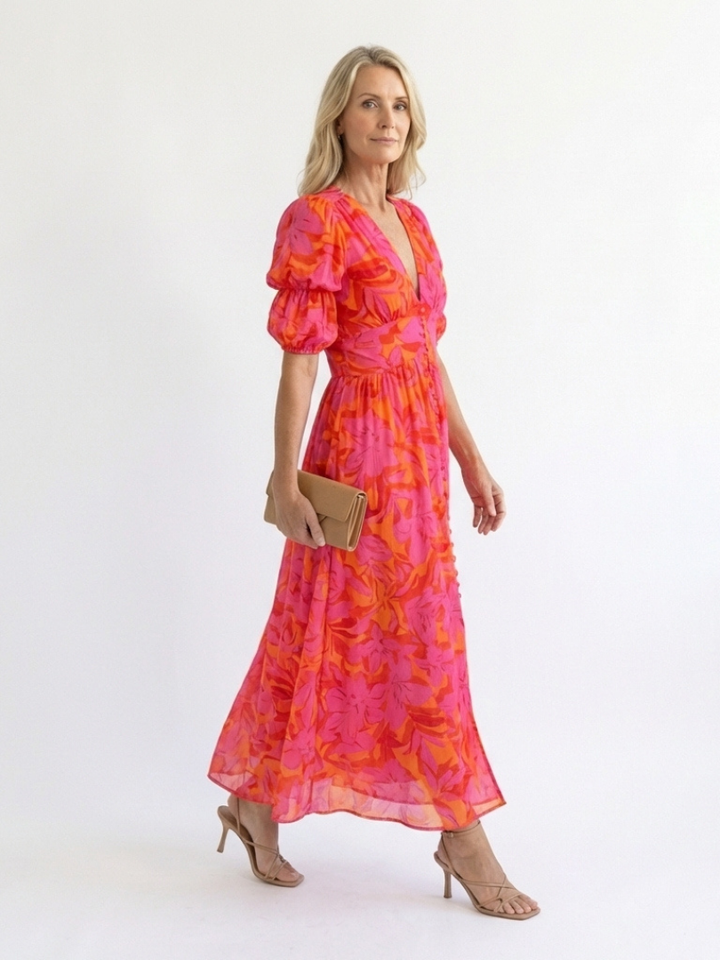 Willow | Floral V-Neck Puff Sleeve Midi Dress