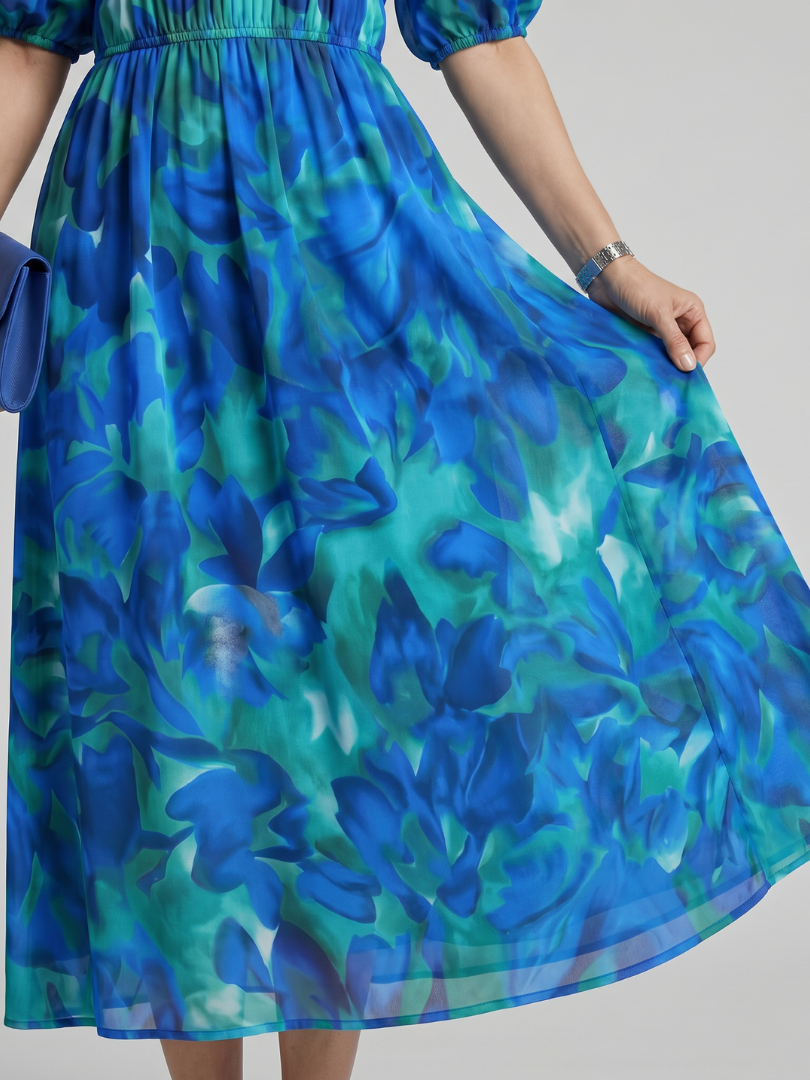 Candlia | Puff Sleeve V-Neck Abstract Print Midi Dress