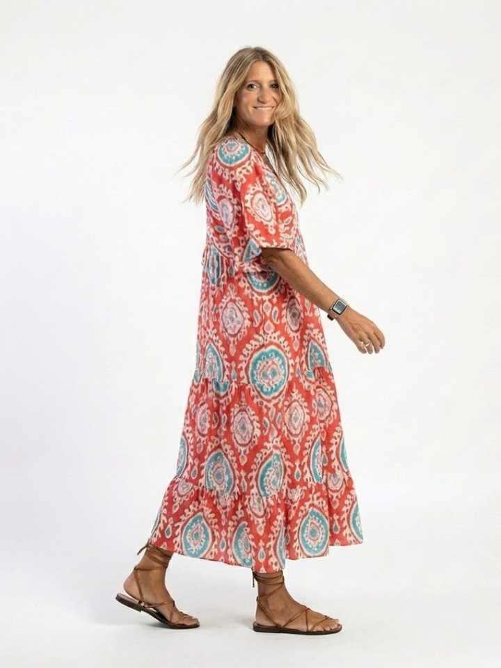 Zaria | Paisley Print V-Neck Short Sleeve Midi Dress