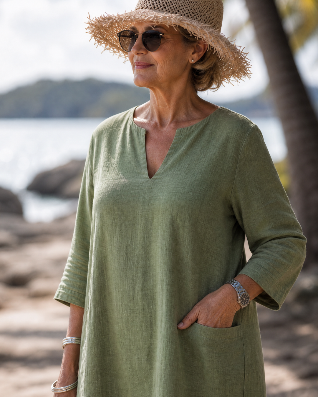 Elixir | Textured V-Neck Three Quarter Sleeve Knee Length Dress