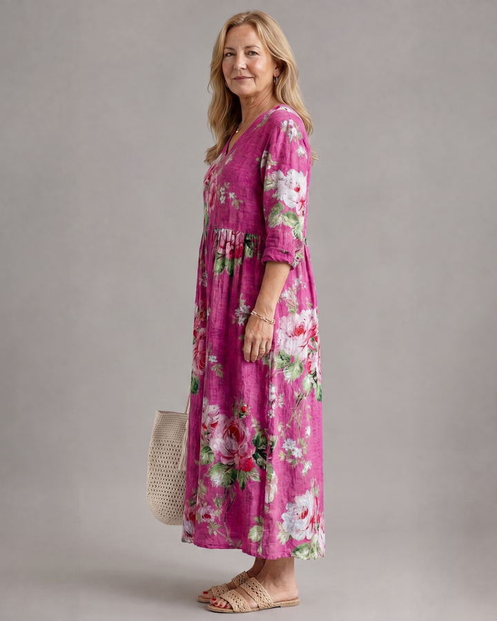 Rosavelle | Vintage Rose Print Gathered Waist Midi Dress