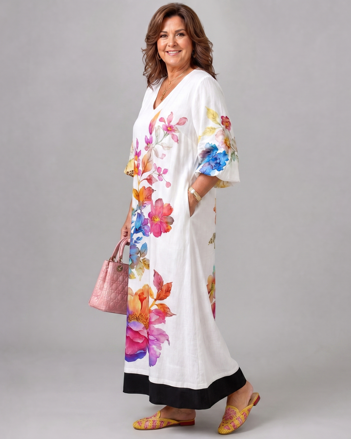 Florienne | Watercolor Bloom Print Flowing Pocket Midi Dress
