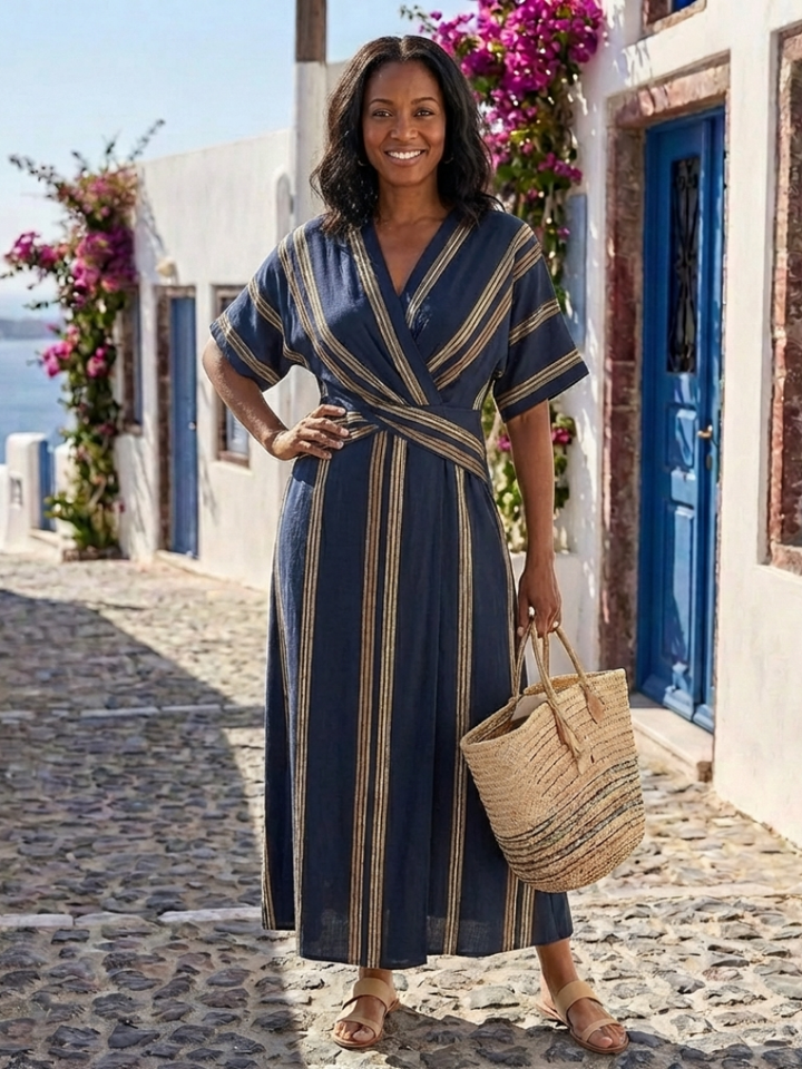 Saphira | V-Neck Short Sleeve Striped Wrap Midi Dress