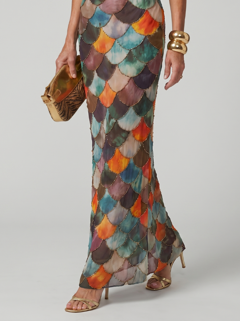 Larkin | Fitted Multicolour Scale Pattern Maxi Dress