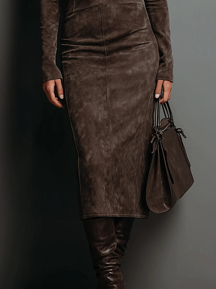 Robine | Long Sleeve Suede Midi Dress