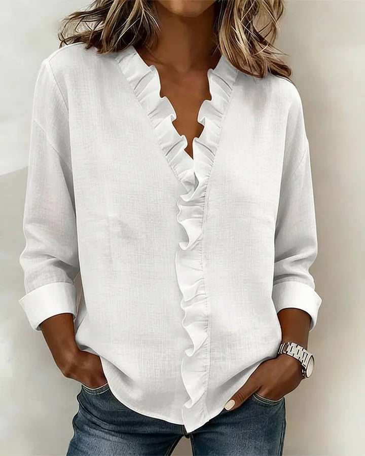 Audrey | Blouse with Ruffles, V-Neck and Long Sleeves